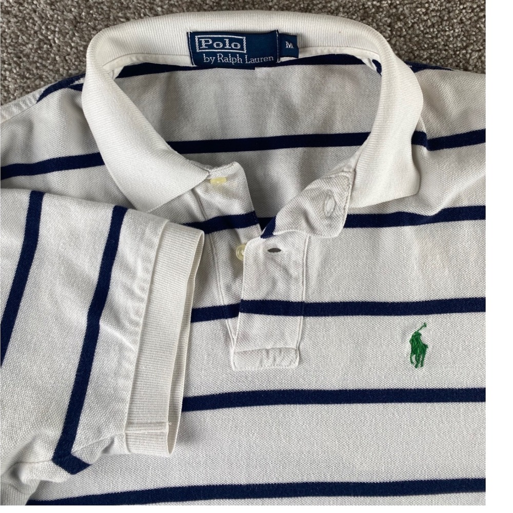 Polo Ralph Lauren Mens Medium White Navy Blue Striped Green Pony Polo Shirt